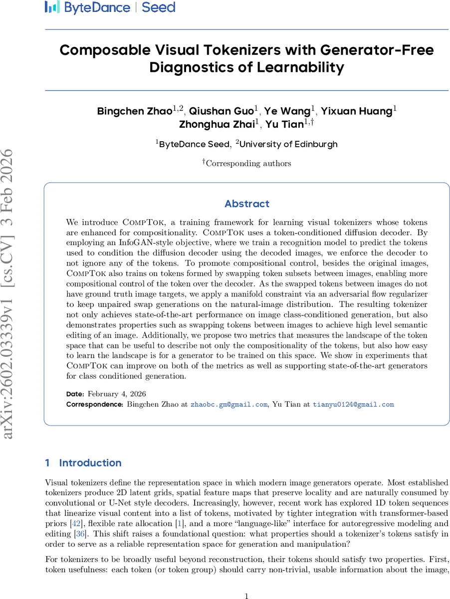 Composable Visual Tokenizers with Generator-Free Diagnostics of Learnability