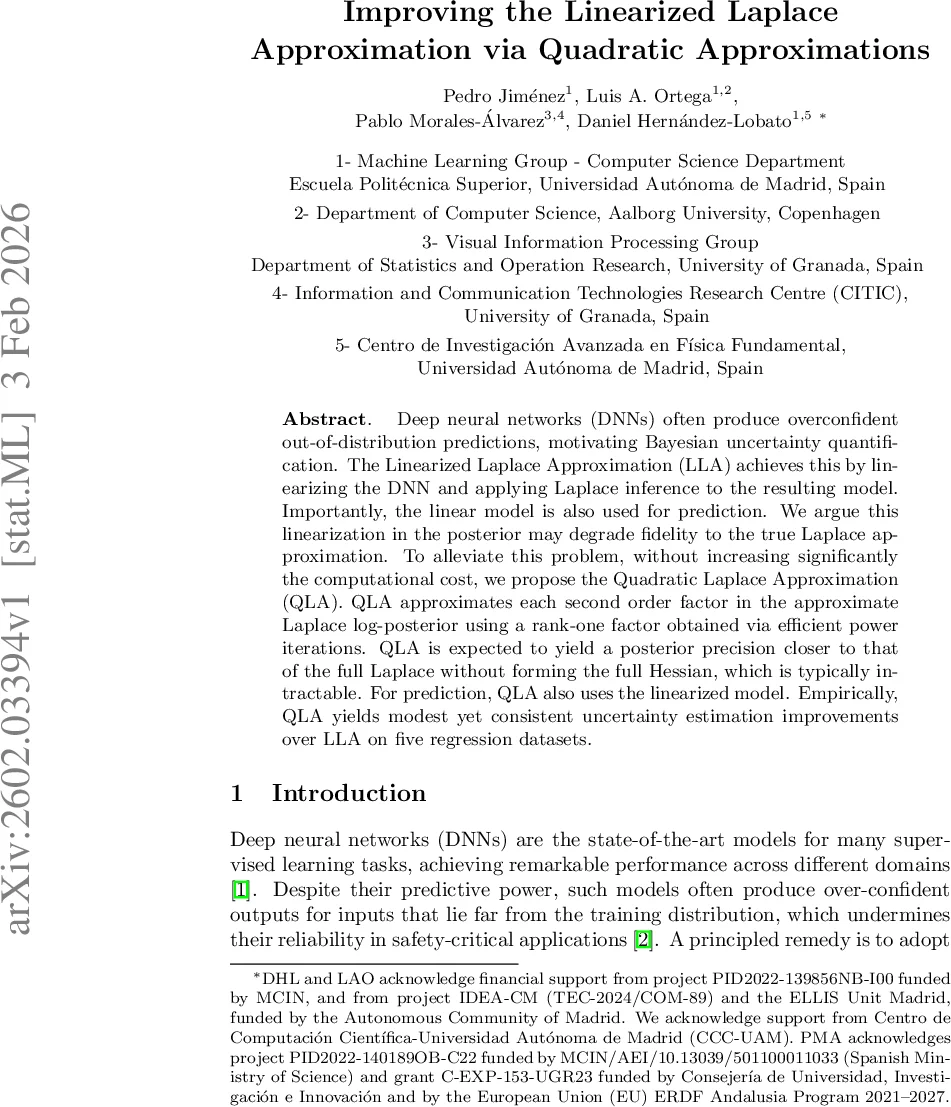 Improving the Linearized Laplace Approximation via Quadratic Approximations