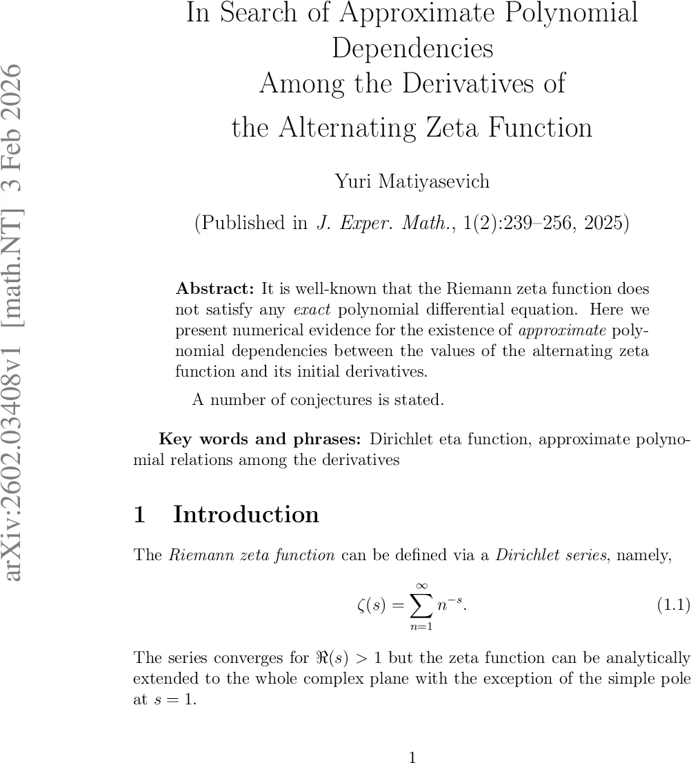 In Search of Approximate Polynomial Dependencies Among the Derivatives of the Alternating Zeta Function