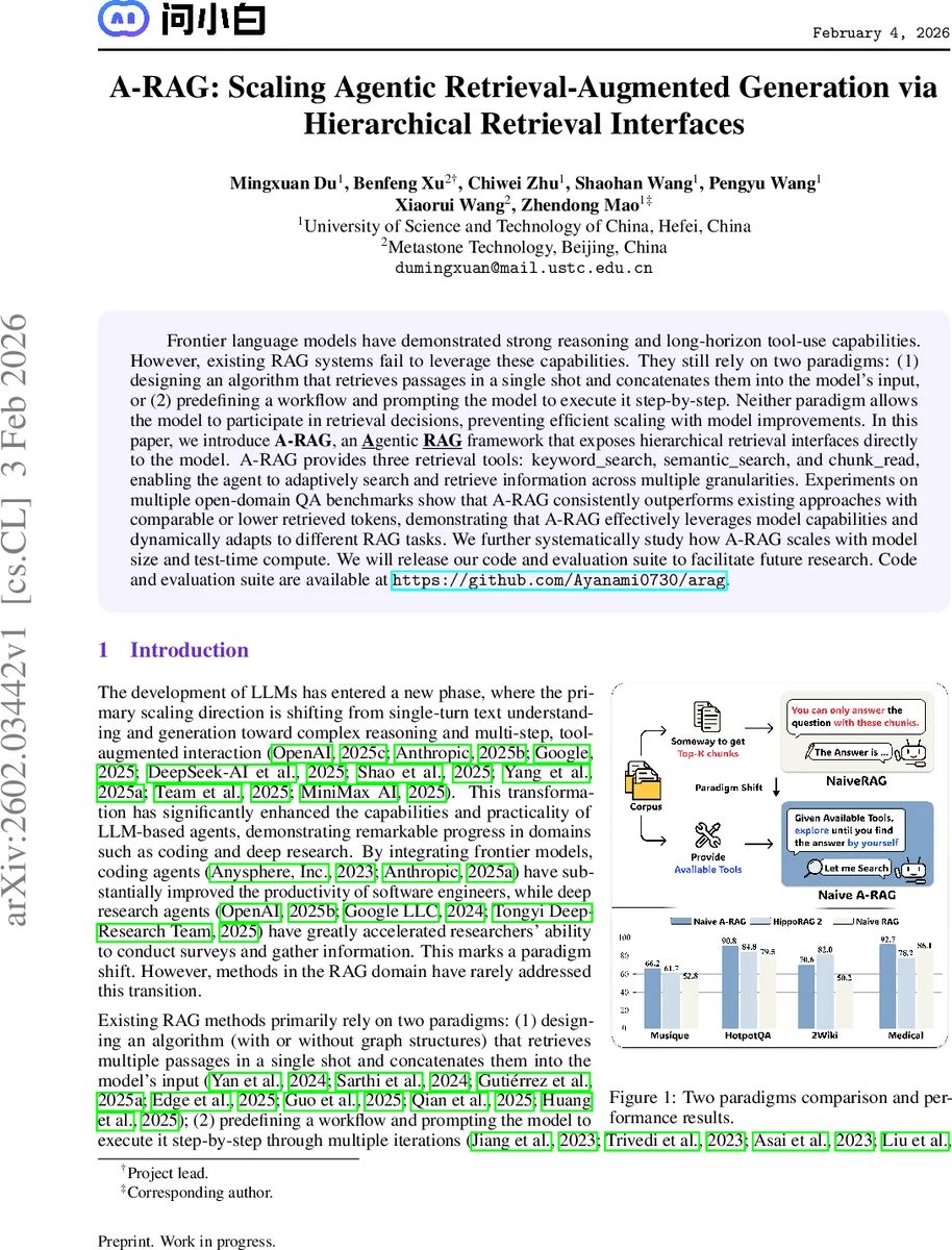 A-RAG: Scaling Agentic Retrieval-Augmented Generation via Hierarchical Retrieval Interfaces