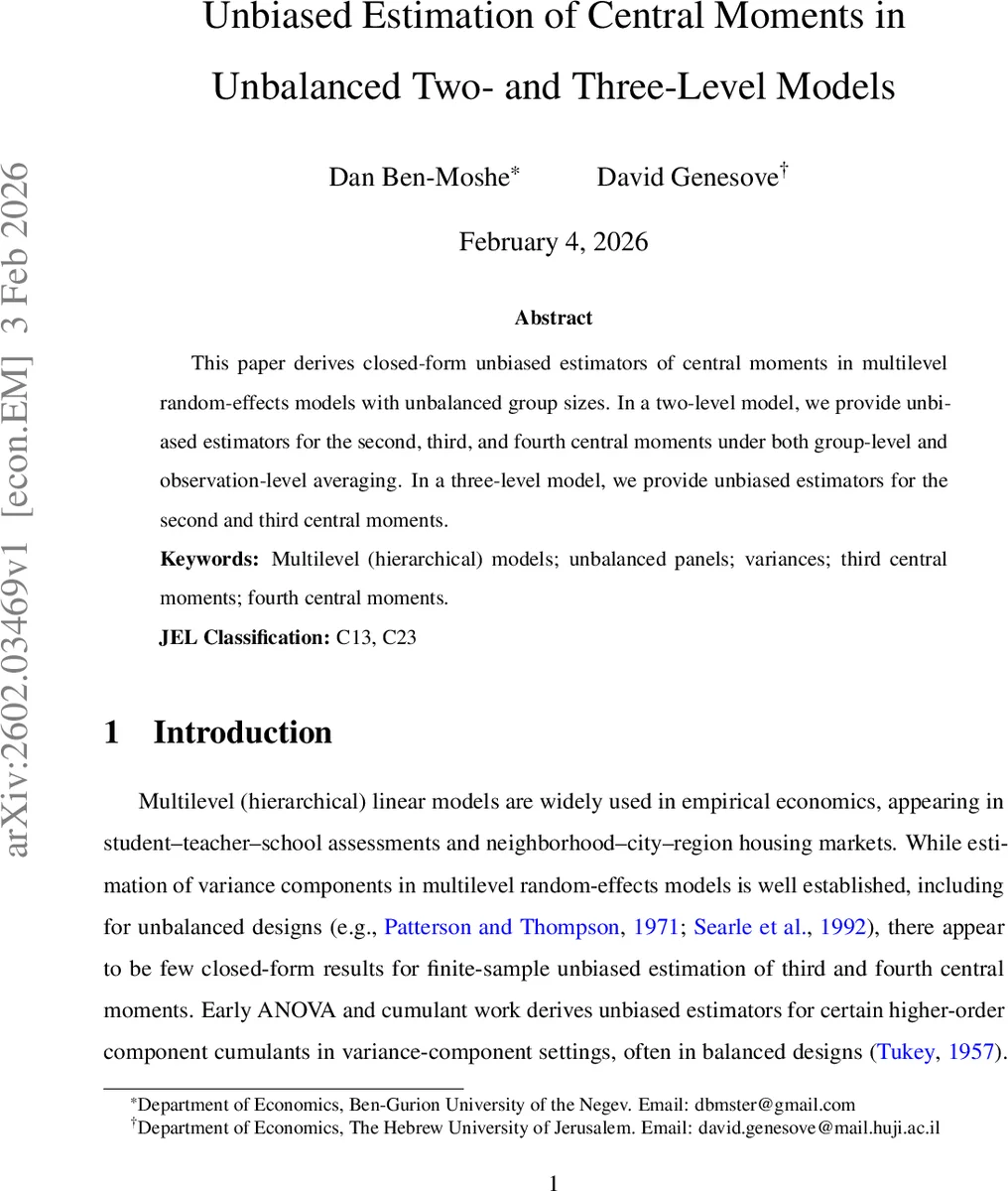 Unbiased Estimation of Central Moments in Unbalanced Two- and Three-Level Models