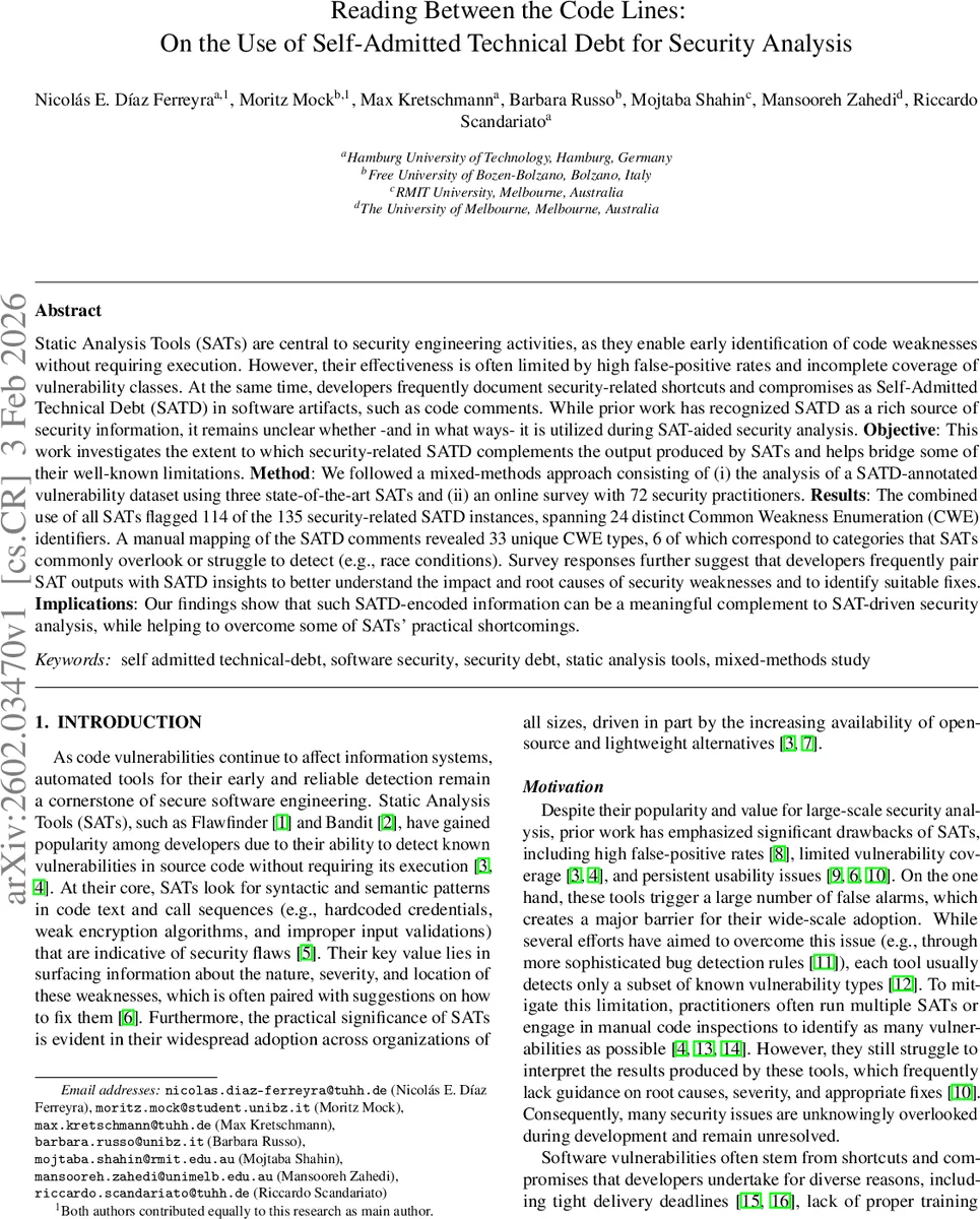 Reading Between the Code Lines: On the Use of Self-Admitted Technical Debt for Security Analysis