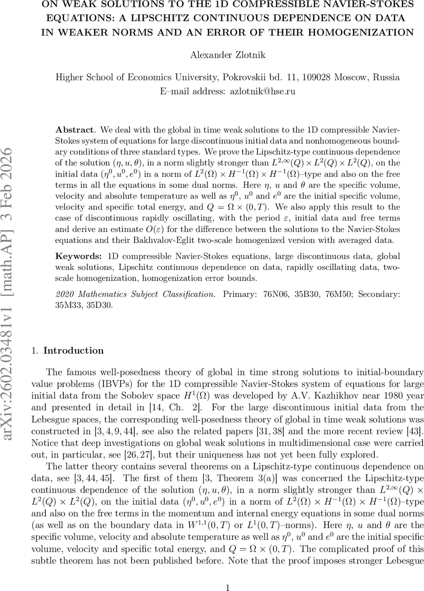 On weak solutions to the 1d compressible Navier-Stokes equations: a Lipschitz continuous dependence on data in weaker norms and an error of their homogenization