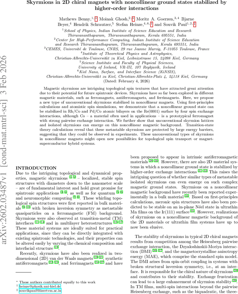 Skyrmions in 2D chiral magnets with noncollinear ground states stabilized by higher-order interactions