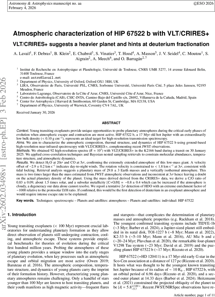 Atmospheric characterization of HIP 67522 b with VLT/CRIRES+. VLT/CRIRES+ suggests a heavier planet and hints at deuterium fractionation