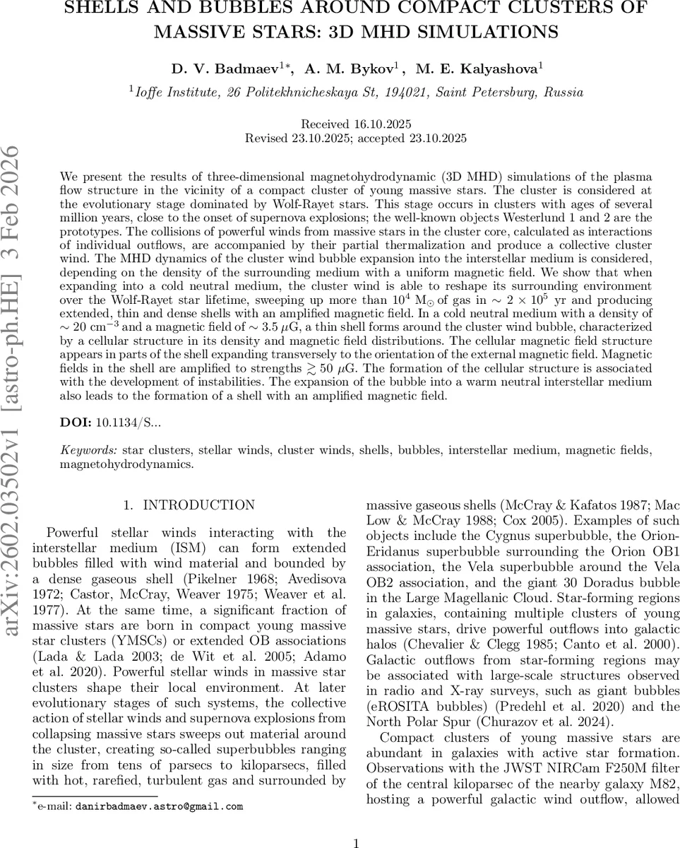 Shells and bubbles around compact clusters of massive stars: 3D MHD simulations