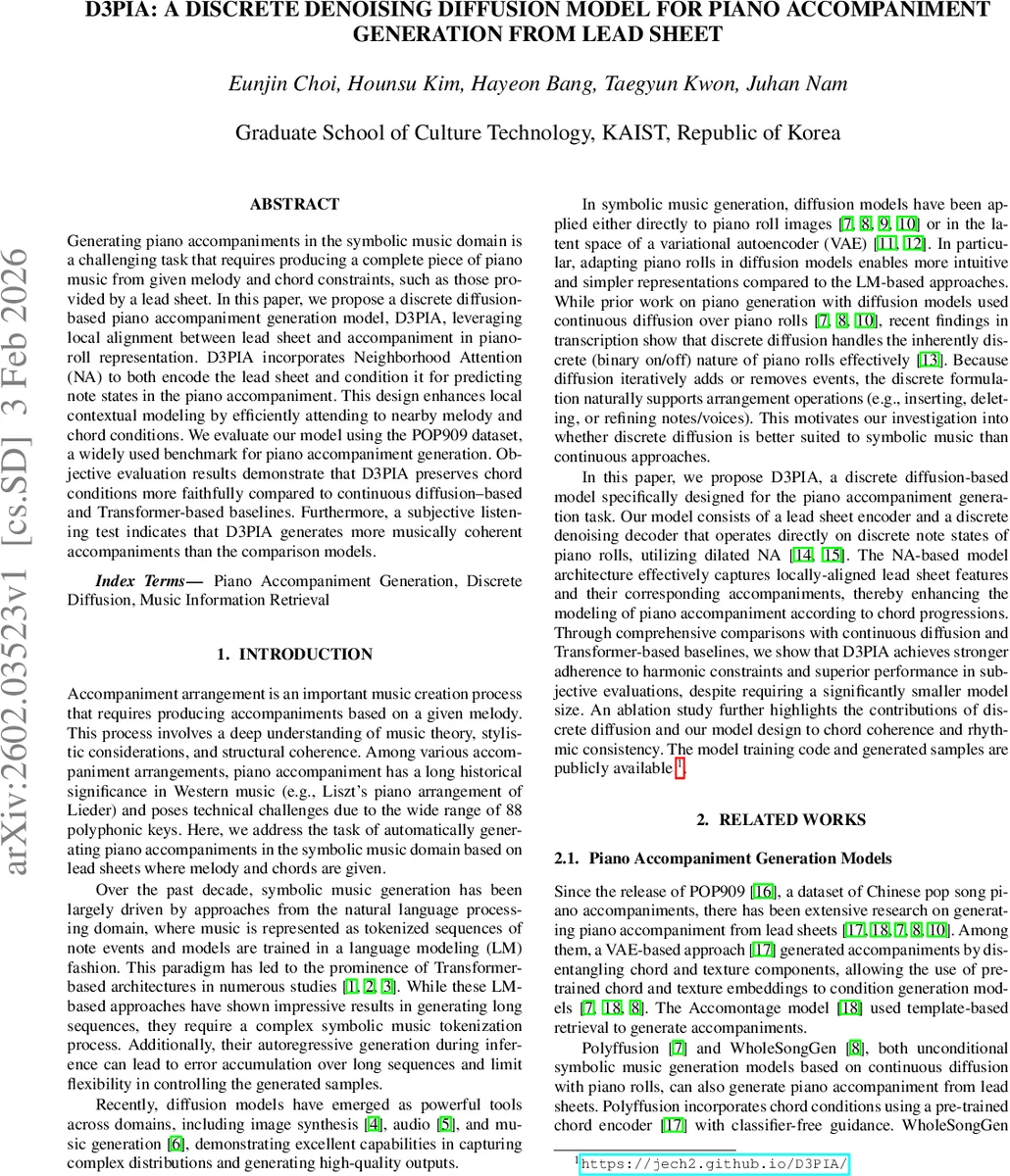 D3PIA: A Discrete Denoising Diffusion Model for Piano Accompaniment Generation From Lead sheet