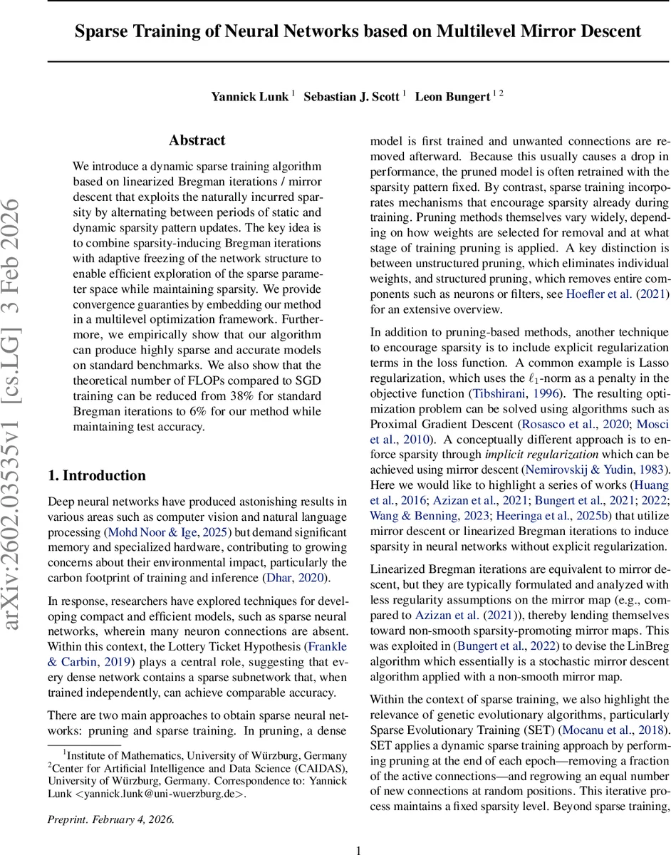 Sparse Training of Neural Networks based on Multilevel Mirror Descent