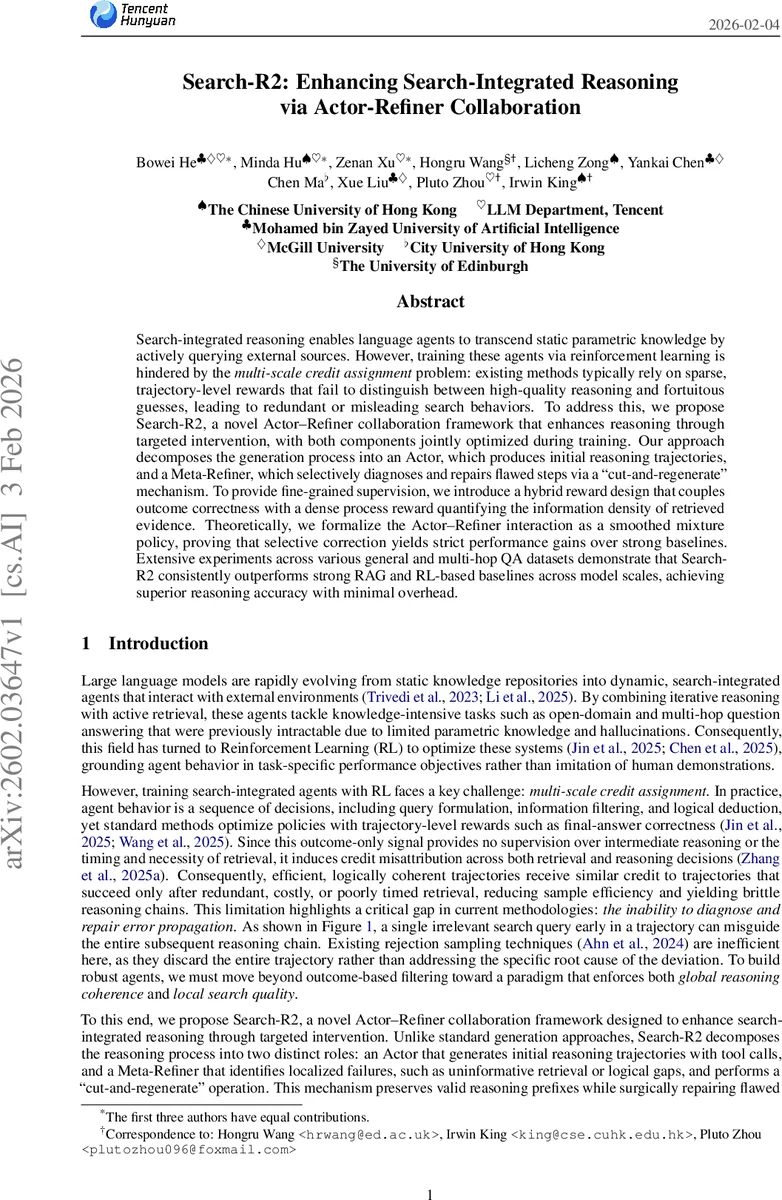 Search-R2: Enhancing Search-Integrated Reasoning via Actor-Refiner Collaboration