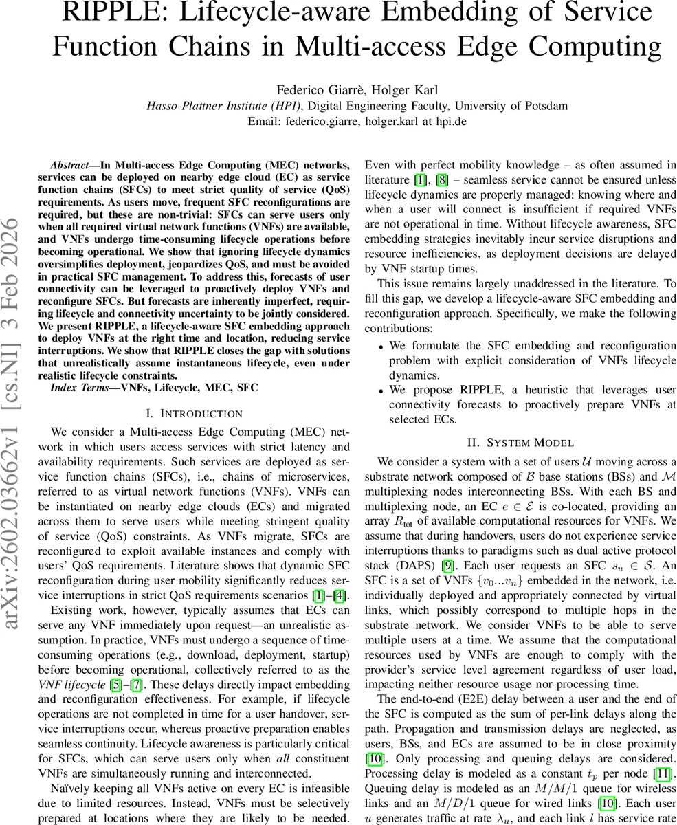 RIPPLE: Lifecycle-aware Embedding of Service Function Chains in Multi-access Edge Computing