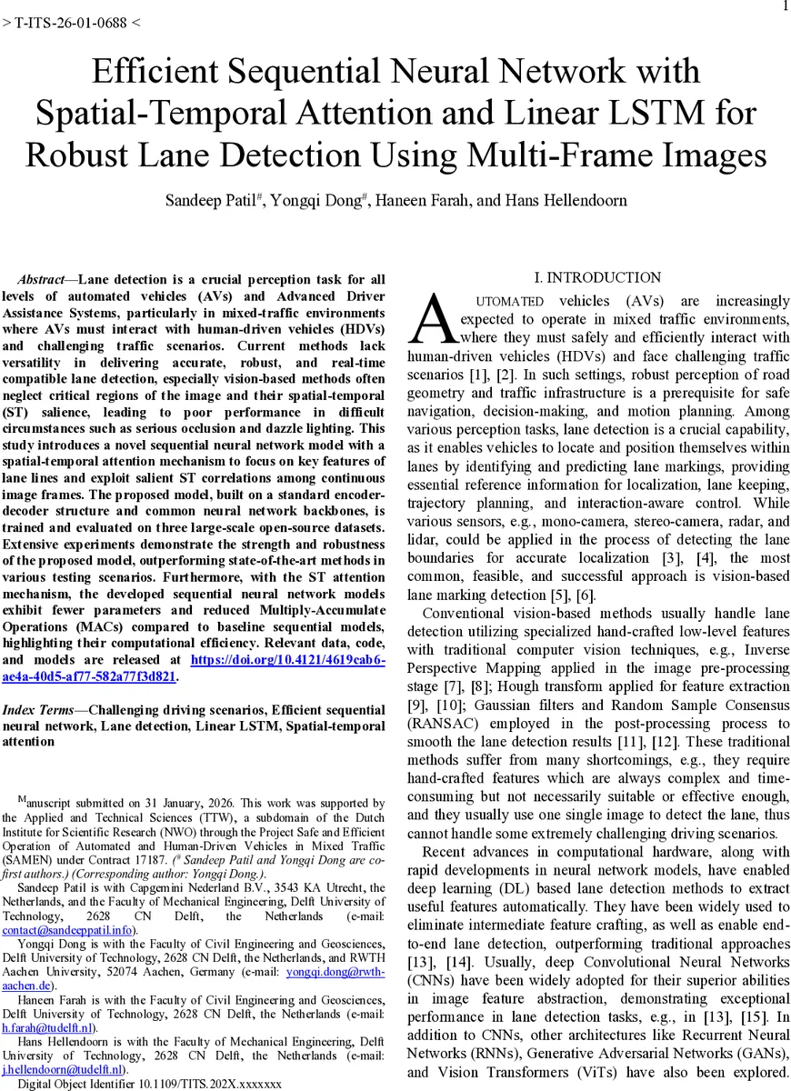Efficient Sequential Neural Network with Spatial-Temporal Attention and Linear LSTM for Robust Lane Detection Using Multi-Frame Images
