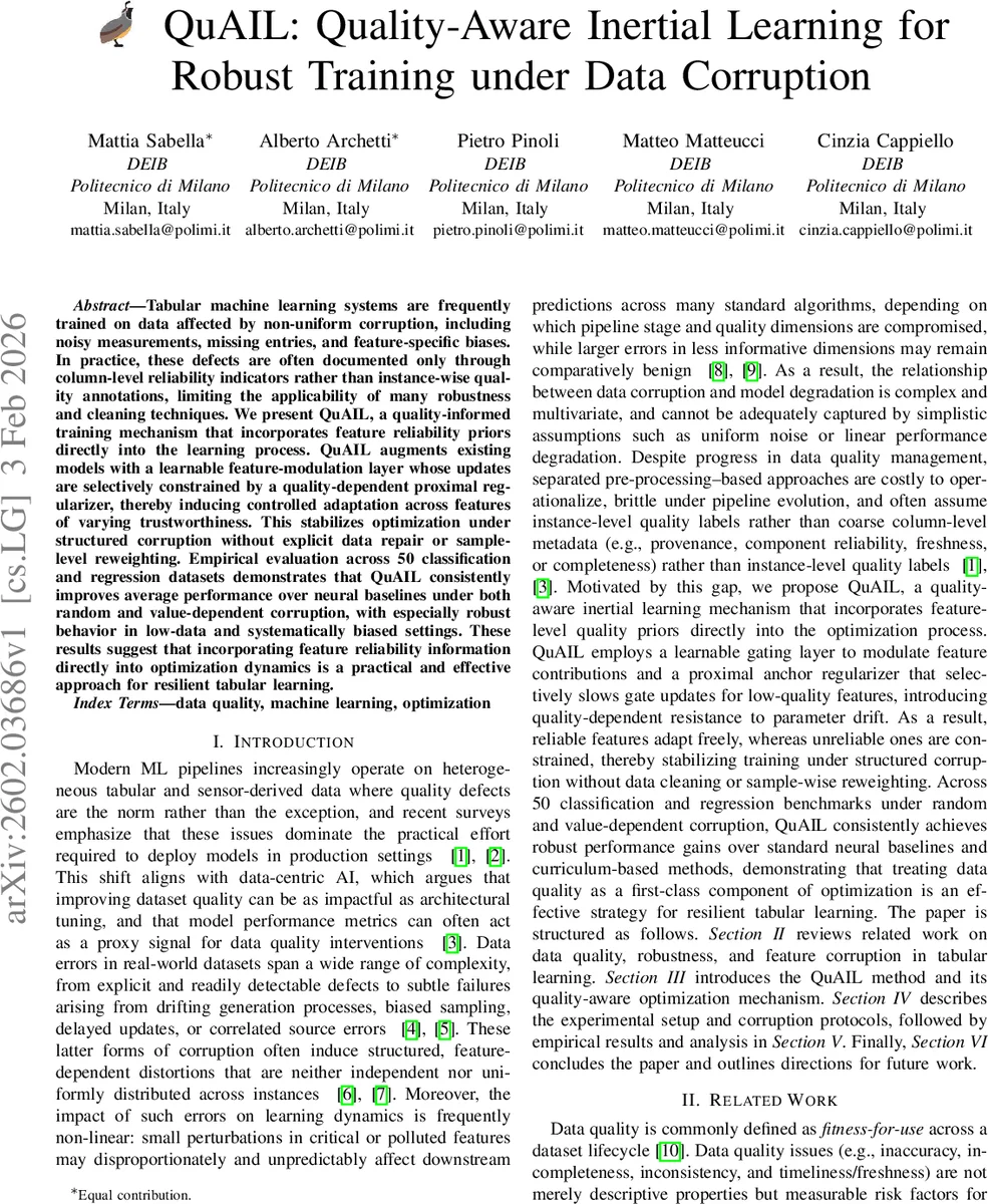 QuAIL: Quality-Aware Inertial Learning for Robust Training under Data Corruption