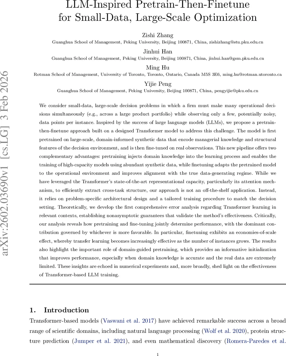 LLM-Inspired Pretrain-Then-Finetune for Small-Data, Large-Scale Optimization
