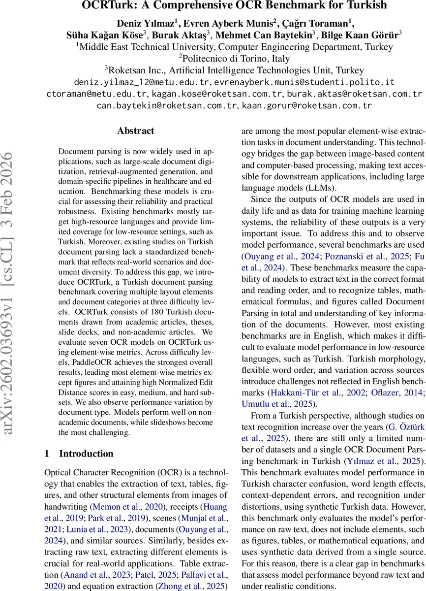 OCRTurk: A Comprehensive OCR Benchmark for Turkish