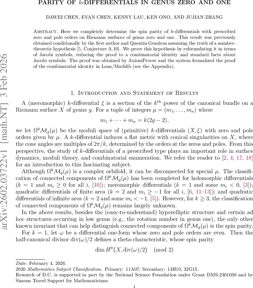 Parity of $k$-differentials in genus zero and one