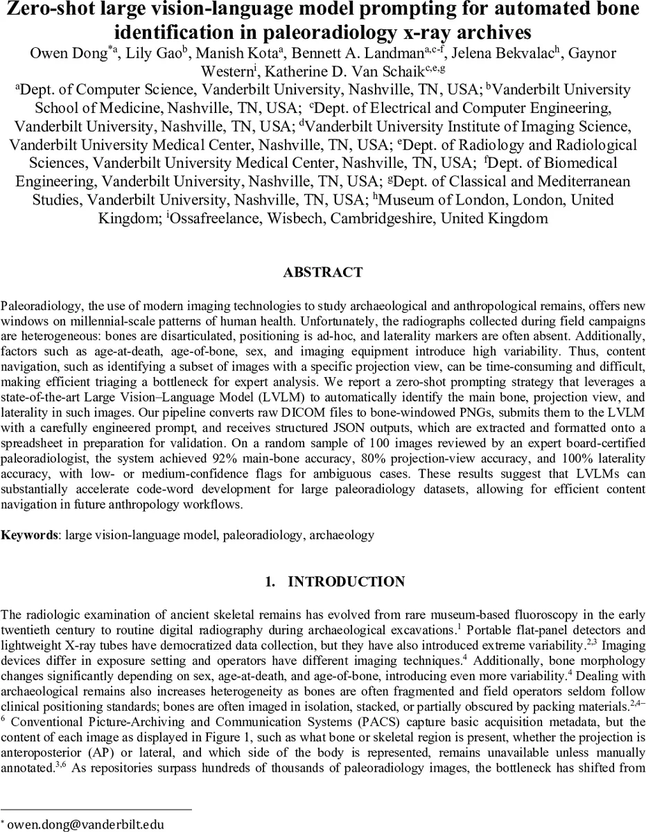 Zero-shot large vision-language model prompting for automated bone identification in paleoradiology x-ray archives