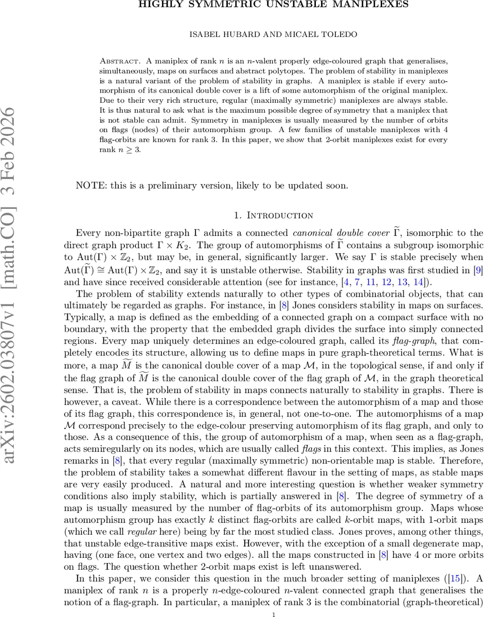 Highly symmetric unstable maniplexes