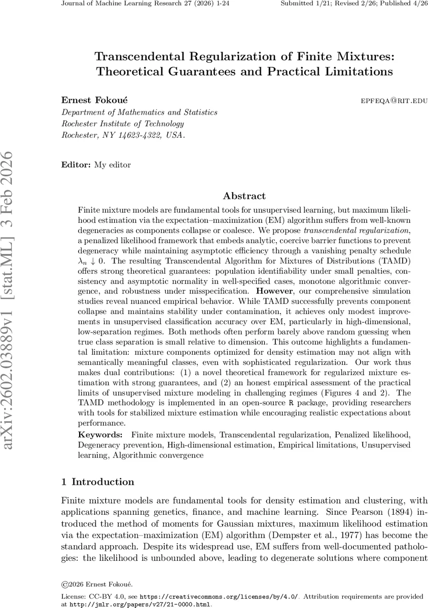 Transcendental Regularization of Finite Mixtures:Theoretical Guarantees and Practical Limitations