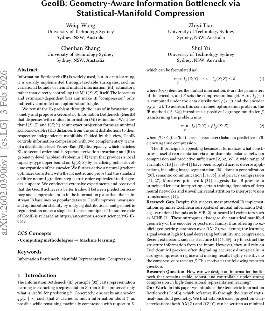 GeoIB: Geometry-Aware Information Bottleneck via Statistical-Manifold Compression
