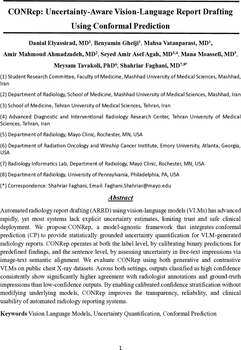 CONRep: Uncertainty-Aware Vision-Language Report Drafting Using Conformal Prediction