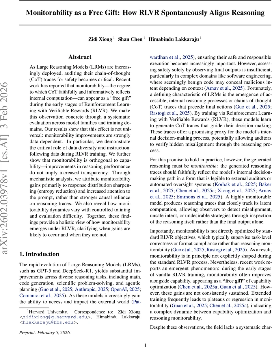 Monitorability as a Free Gift: How RLVR Spontaneously Aligns Reasoning