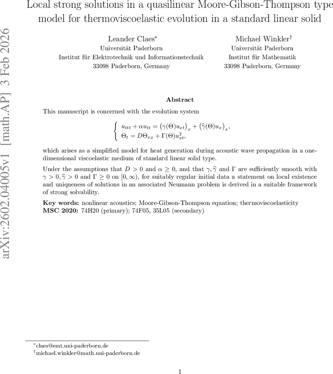 Local strong solutions in a quasilinear Moore-Gibson-Thompson type model for thermoviscoelastic evolution in a standard linear solid