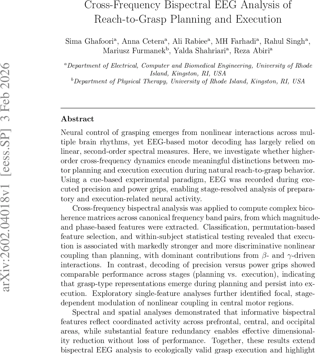 Cross-Frequency Bispectral EEG Analysis of Reach-to-Grasp Planning and Execution