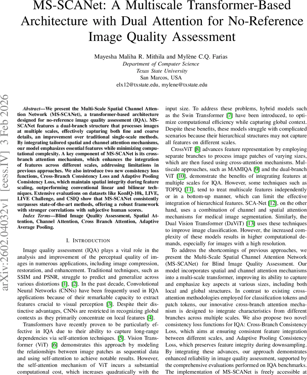 MS-SCANet: A Multiscale Transformer-Based Architecture with Dual Attention for No-Reference Image Quality Assessment