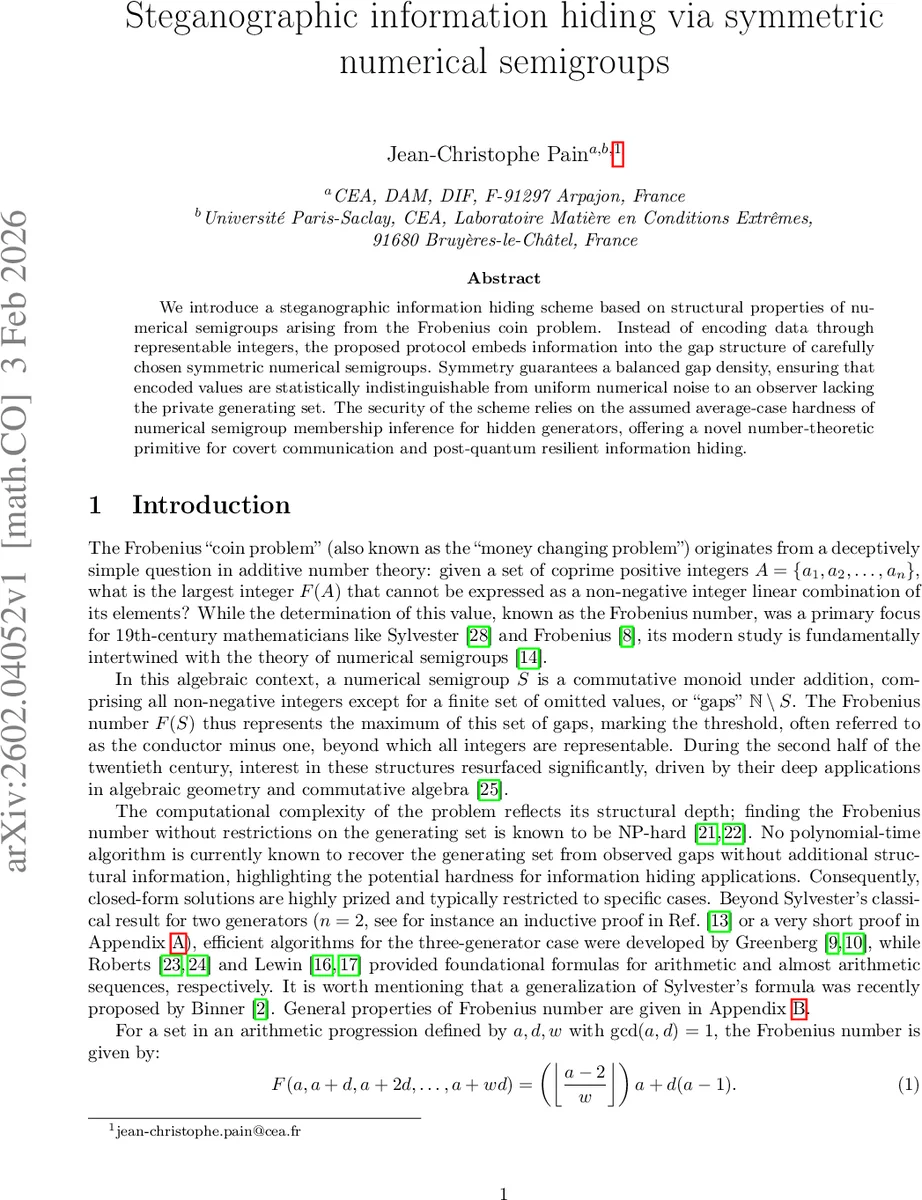 Steganographic information hiding via symmetric numerical semigroups