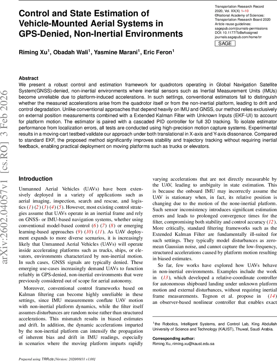 Control and State Estimation of Vehicle-Mounted Aerial Systems in GPS-Denied, Non-Inertial Environments