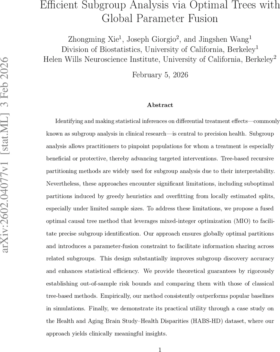 Efficient Subgroup Analysis via Optimal Trees with Global Parameter Fusion