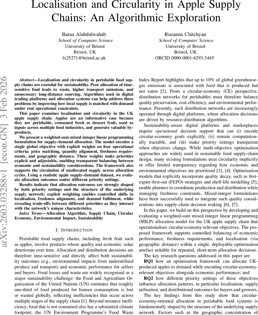 Localisation and Circularity in Apple Supply Chains: An Algorithmic Exploration