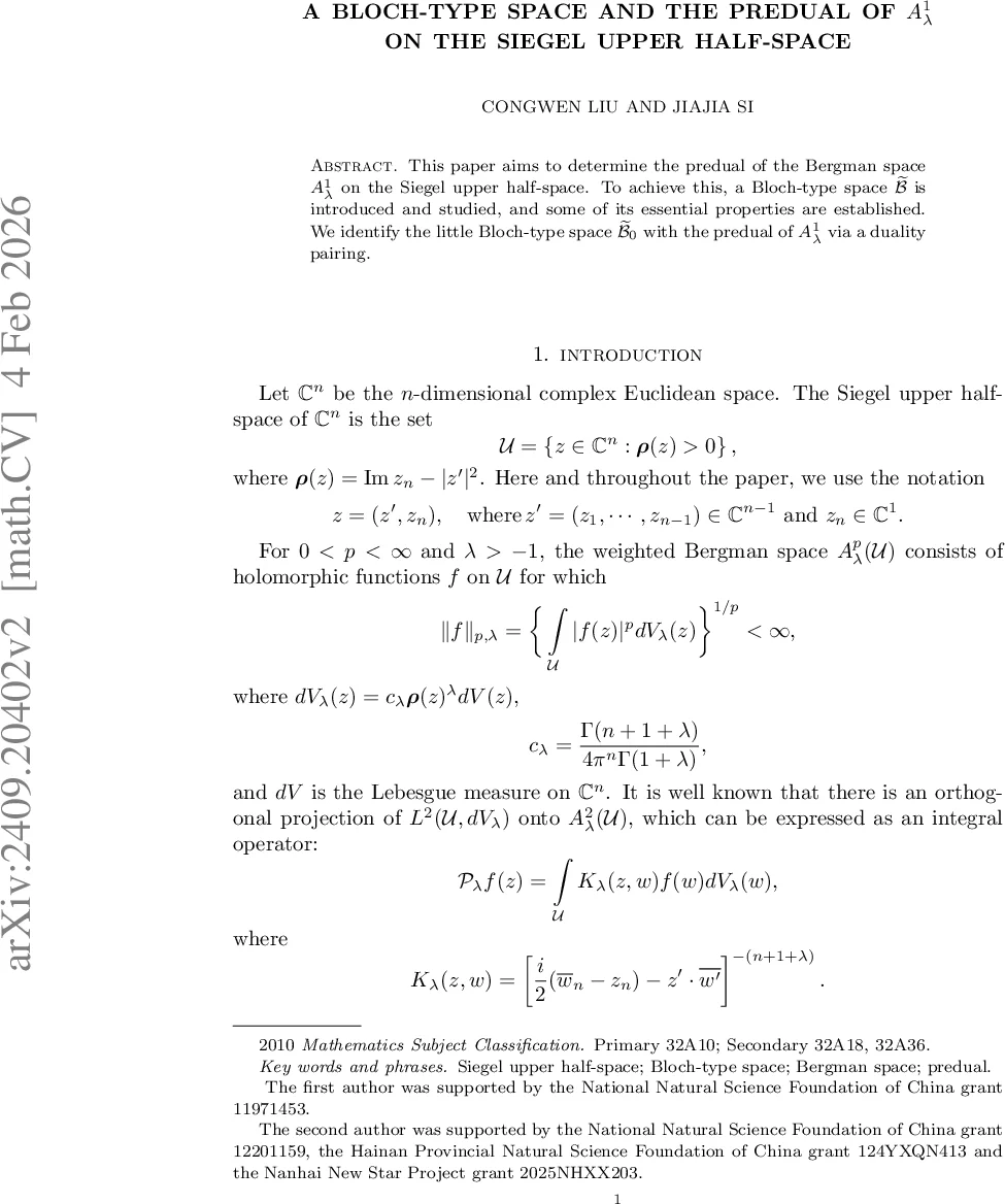 A Bloch-type space and the predual of $A_λ^1$ on the Siegel upper half-space