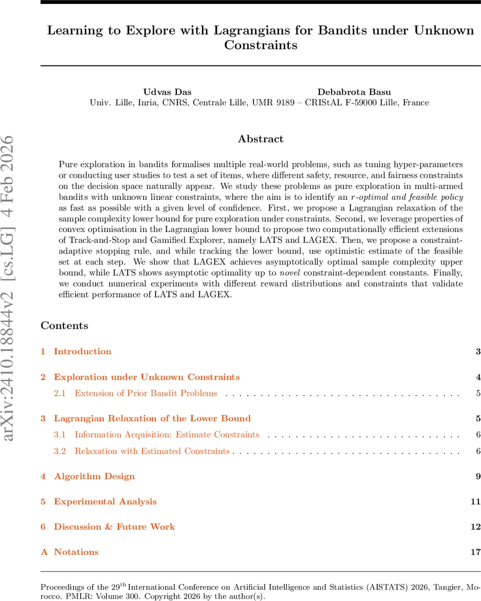 Learning to Explore with Lagrangians for Bandits under Unknown Linear Constraints