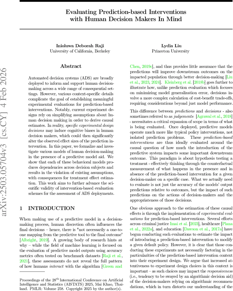 Evaluating Prediction-based Interventions with Human Decision Makers In Mind