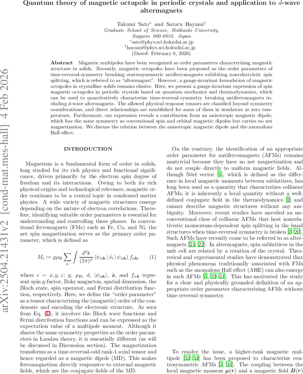 Quantum theory of magnetic octupole in periodic crystals and application to $d$-wave altermagnets