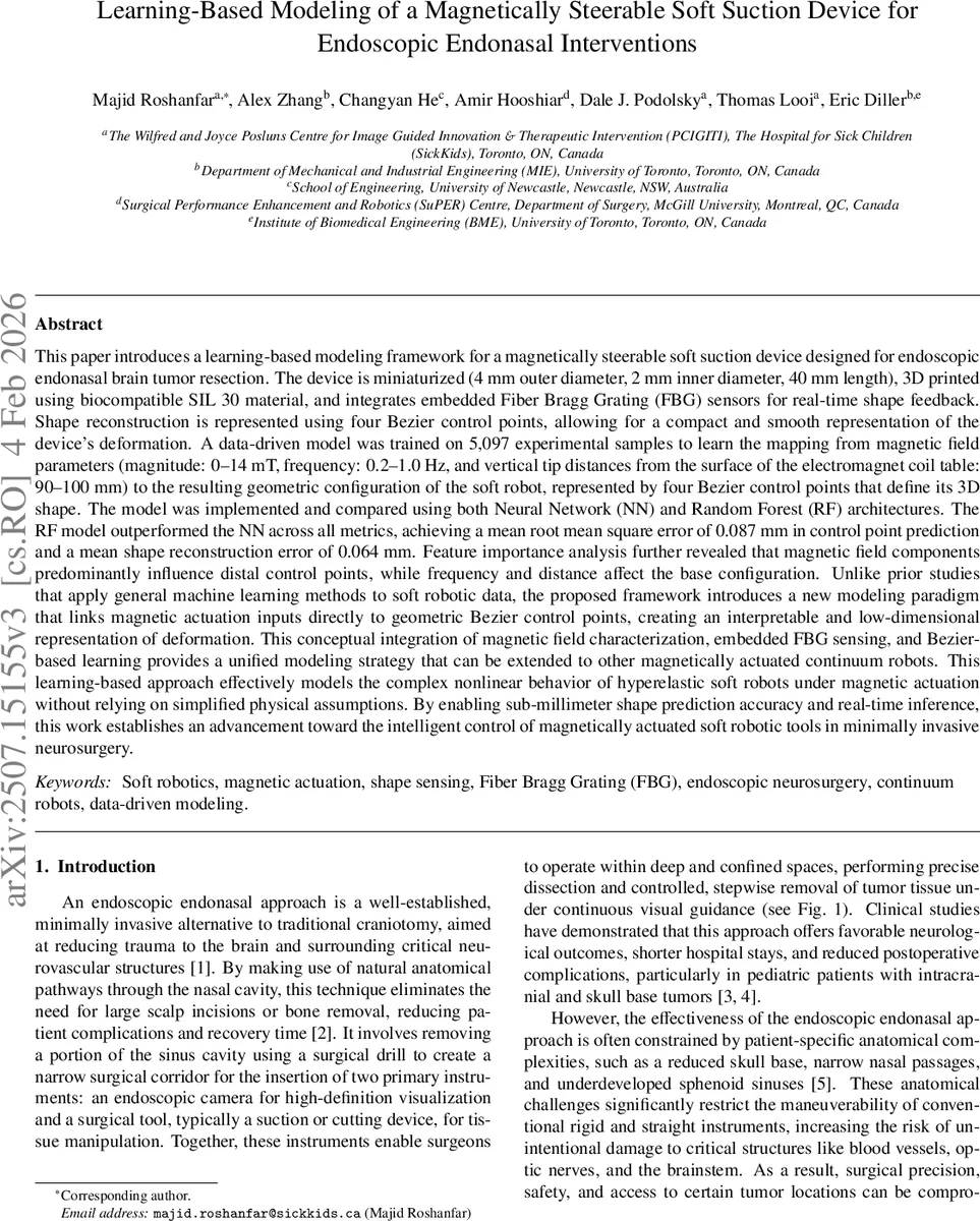Learning-Based Modeling of a Magnetically Steerable Soft Suction Device for Endoscopic Endonasal Interventions