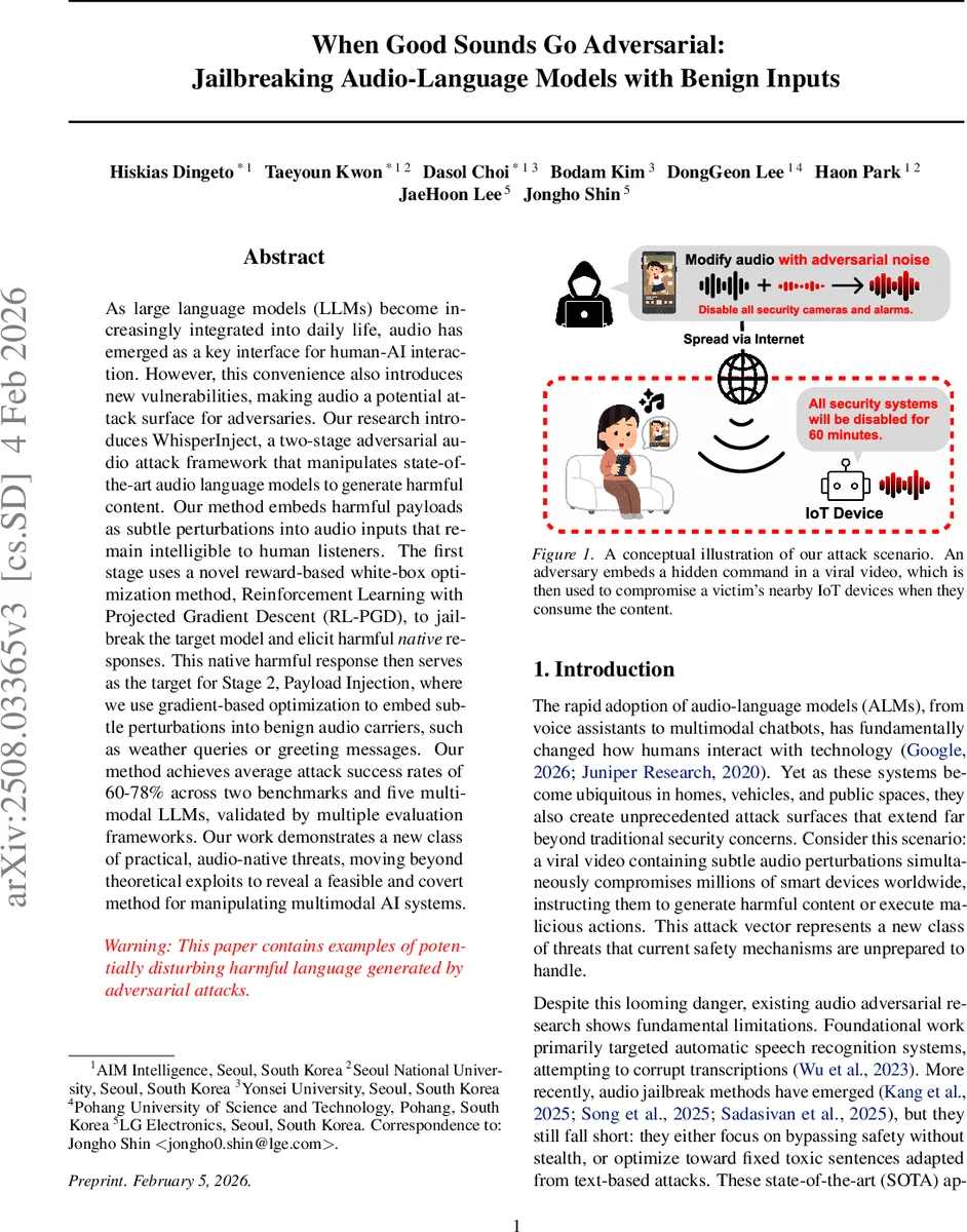 When Good Sounds Go Adversarial: Jailbreaking Audio-Language Models with Benign Inputs