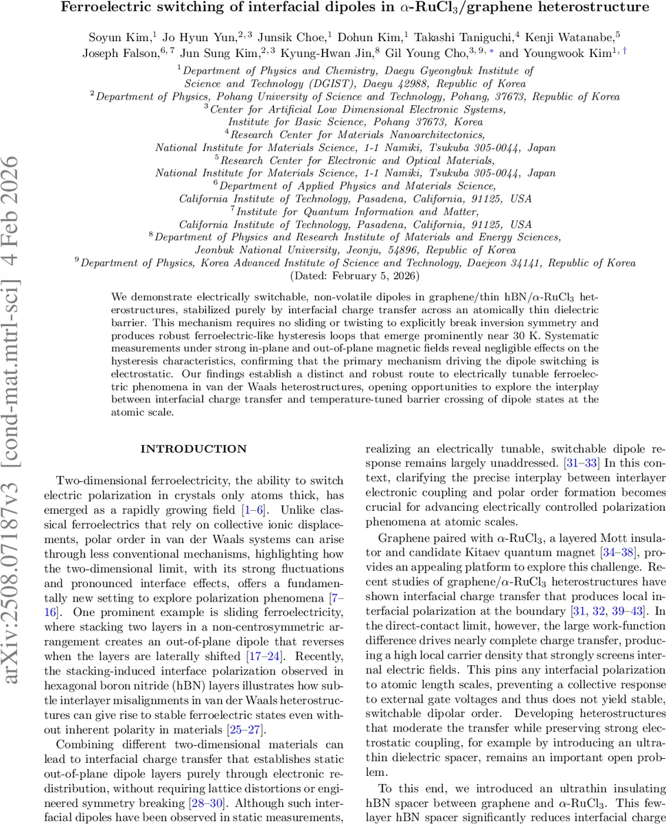 Ferroelectric switching of interfacial dipoles in $α$-RuCl$_3$/graphene heterostructure