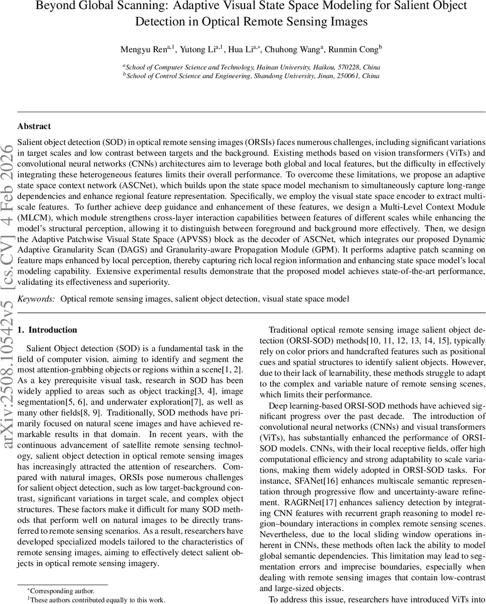 Beyond Global Scanning: Adaptive Visual State Space Modeling for Salient Object Detection in Optical Remote Sensing Images