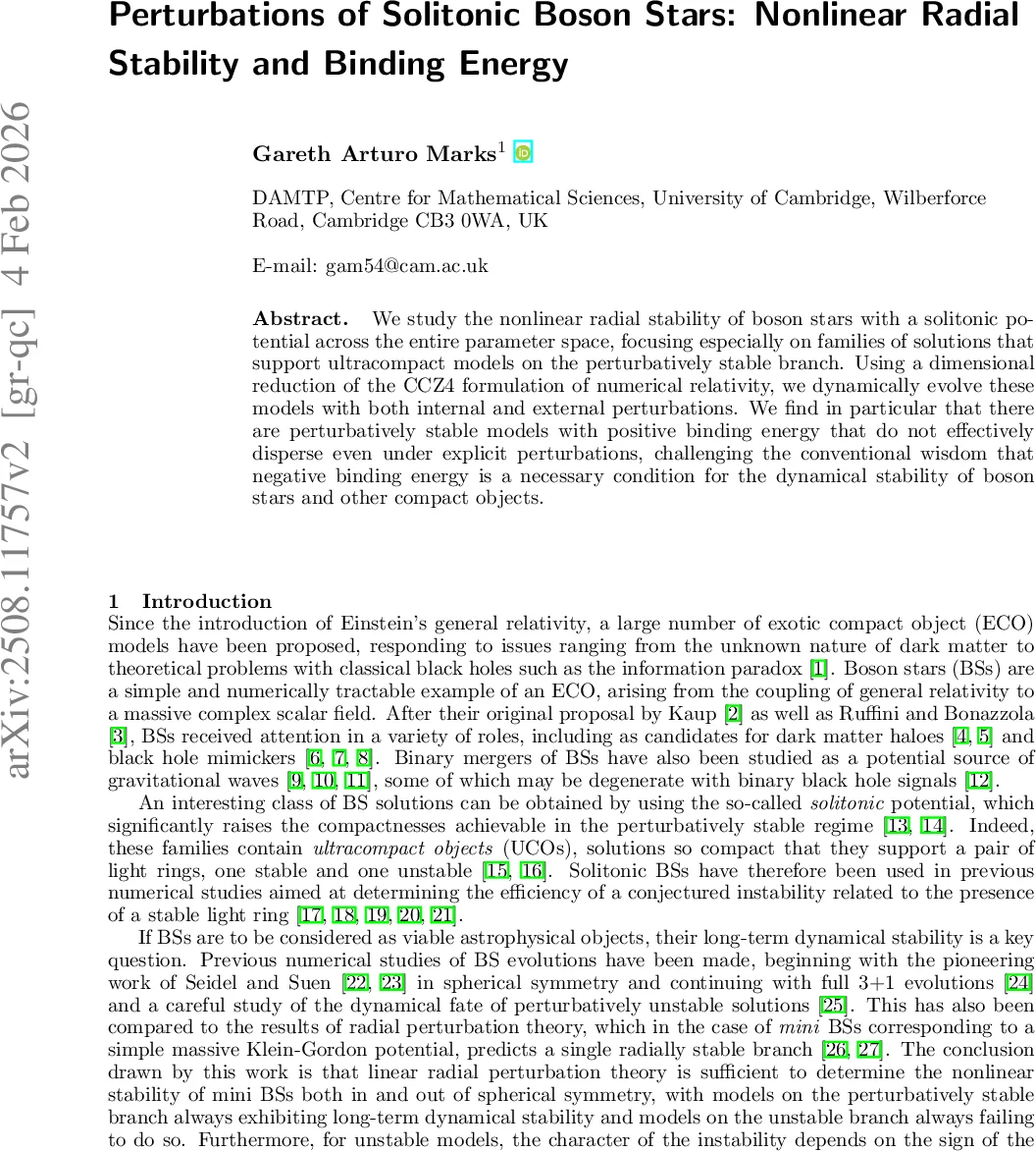 Perturbations of Solitonic Boson Stars: Nonlinear Radial Stability and Binding Energy
