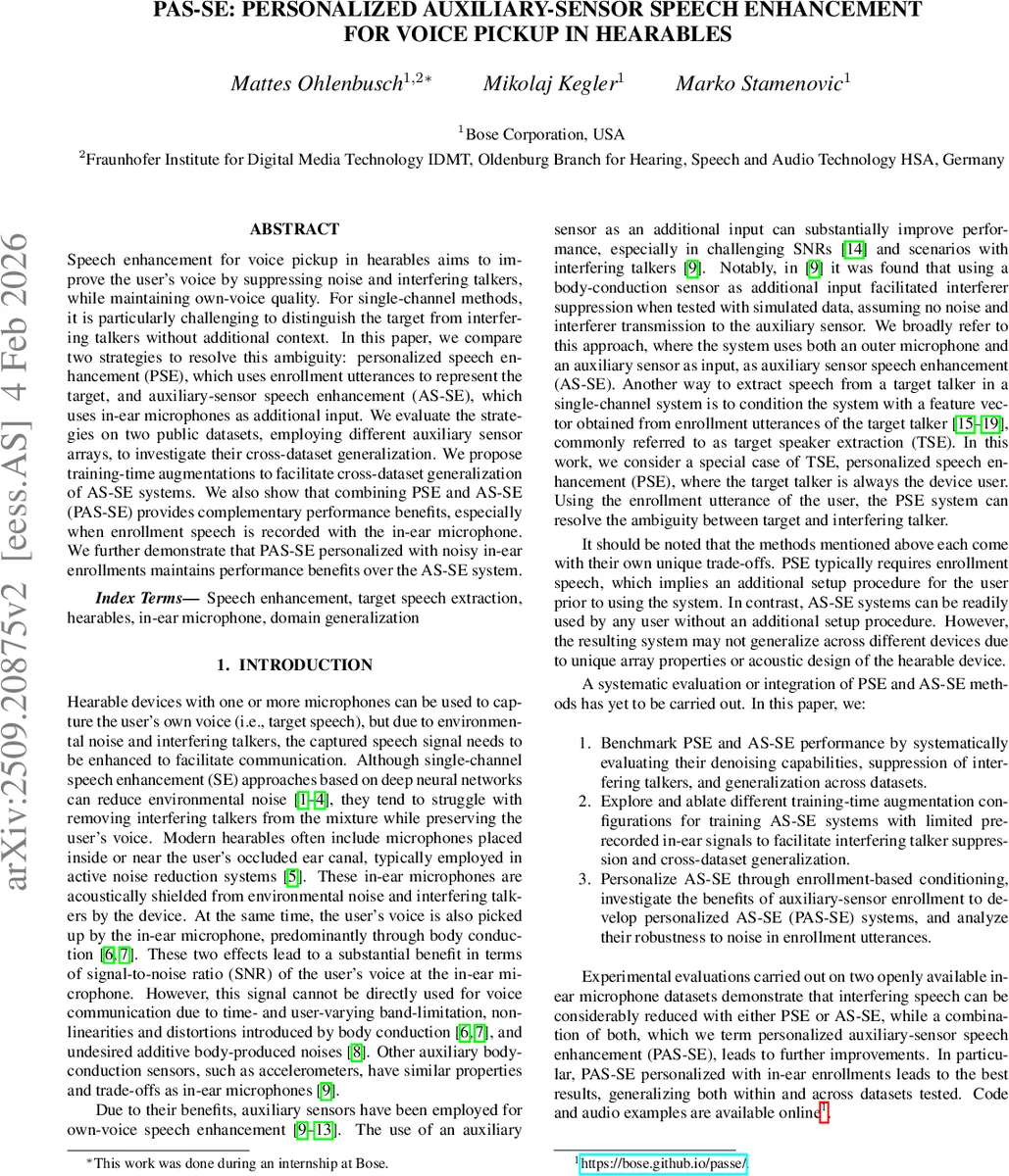 PAS-SE: Personalized Auxiliary-Sensor Speech Enhancement for Voice Pickup in Hearables