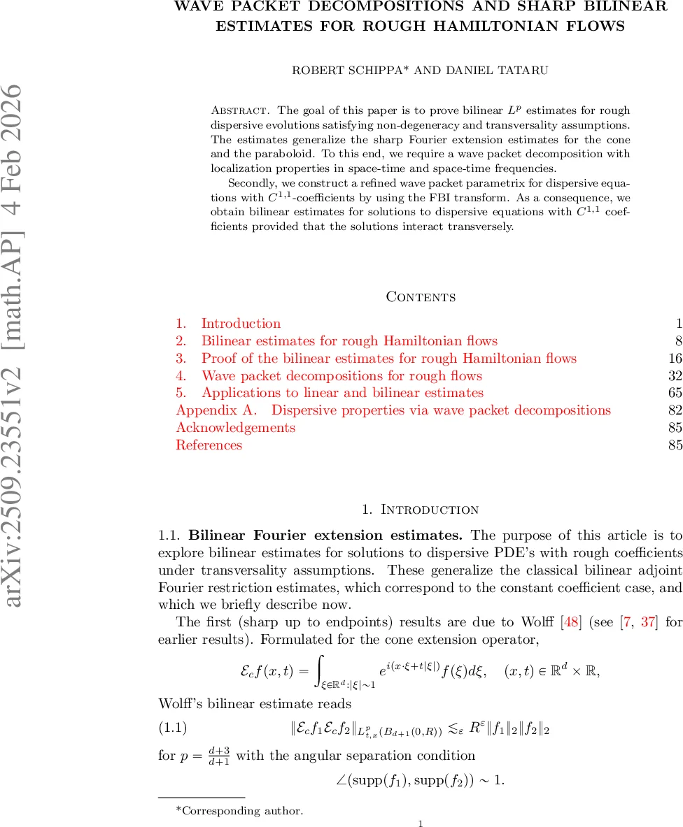Wave packet decompositions and sharp bilinear estimates for rough Hamiltonian flows