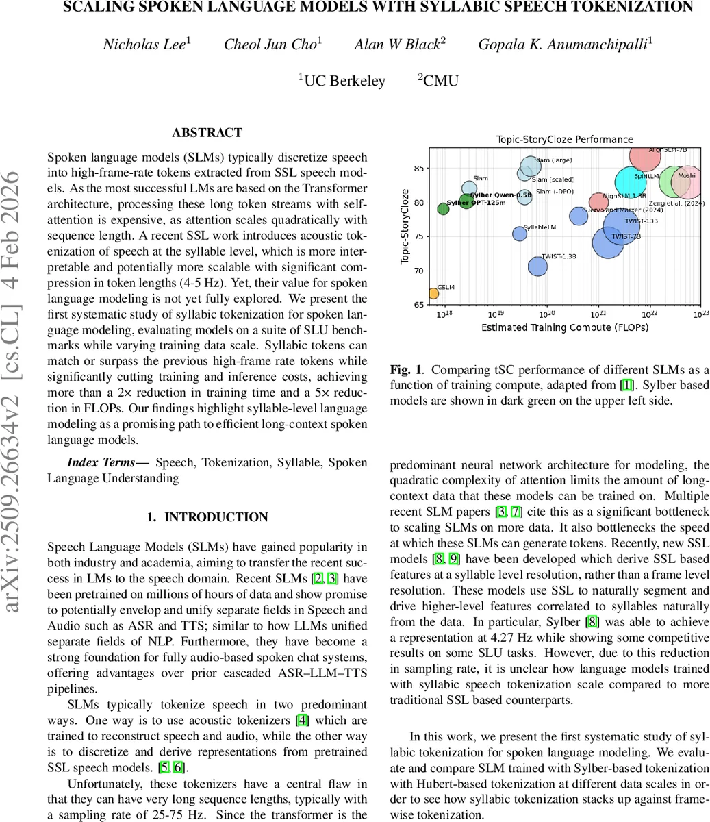 Scaling Spoken Language Models with Syllabic Speech Tokenization