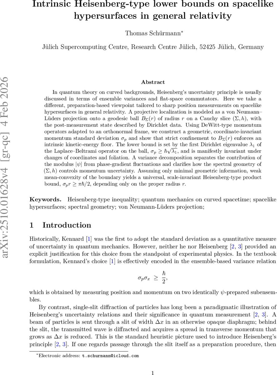 Intrinsic Heisenberg-type lower bounds on spacelike hypersurfaces in general relativity