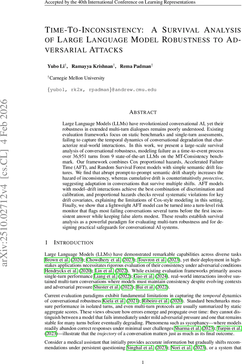 Time-To-Inconsistency: A Survival Analysis of Large Language Model Robustness to Adversarial Attacks