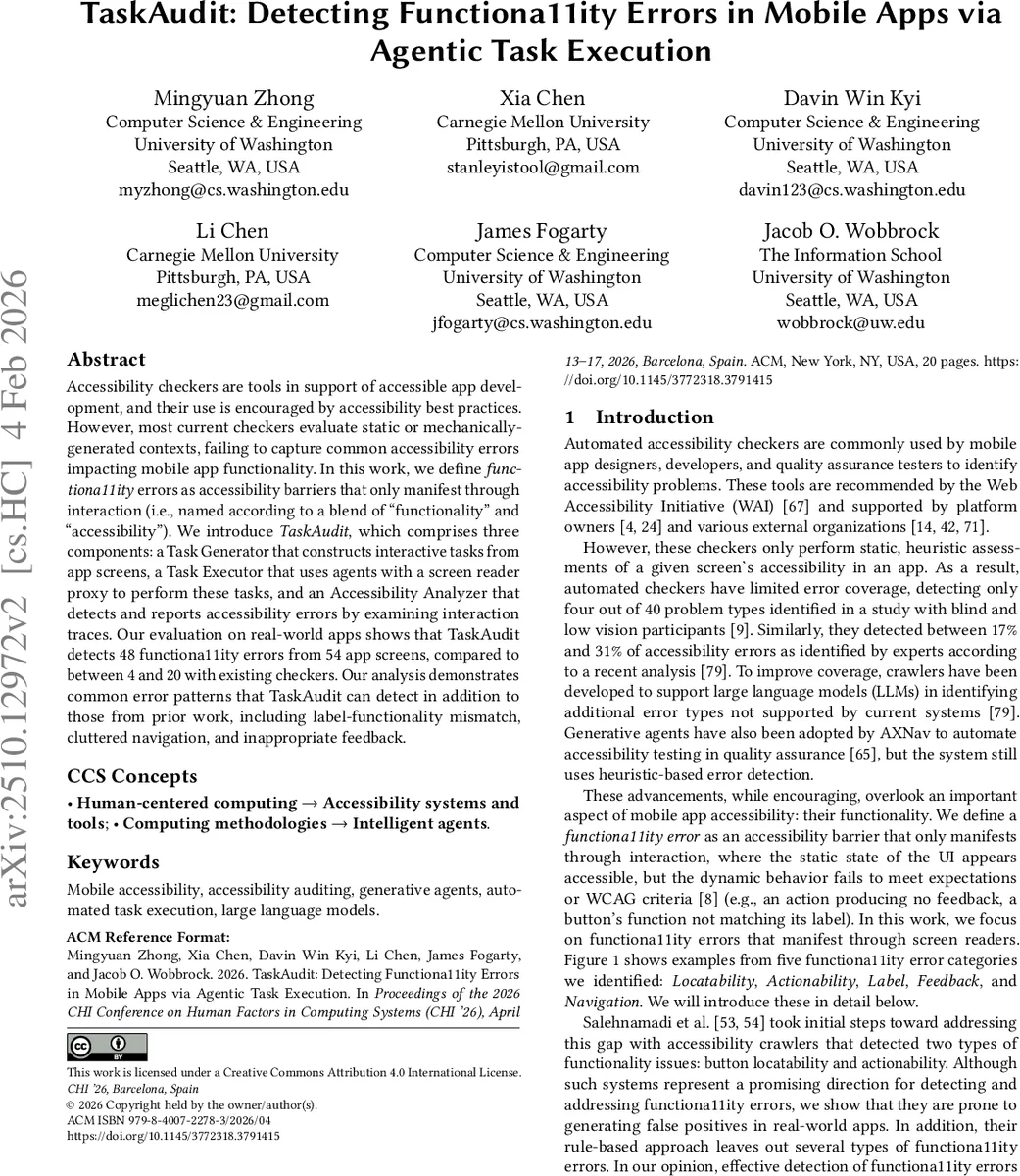 TaskAudit: Detecting Functiona11ity Errors in Mobile Apps via Agentic Task Execution