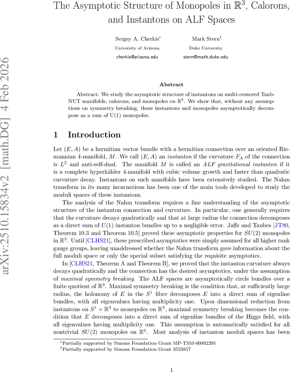 The Asymptotic Structure of Monopoles in R^3, Calorons, and ALF Instantons