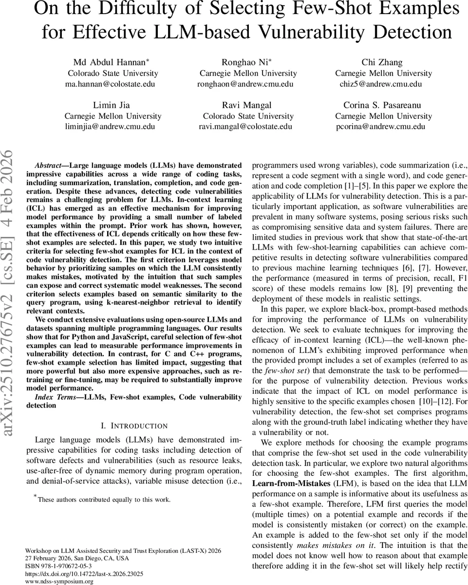 On the Difficulty of Selecting Few-Shot Examples for Effective LLM-based Vulnerability Detection