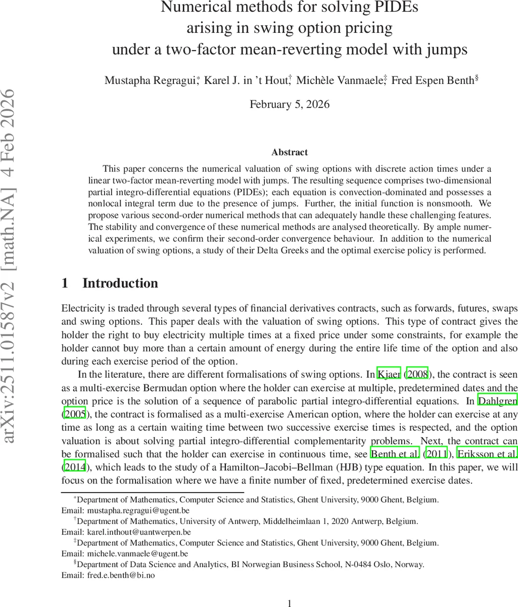 Numerical methods for solving PIDEs arising in swing option pricing under a two-factor mean-reverting model with jumps